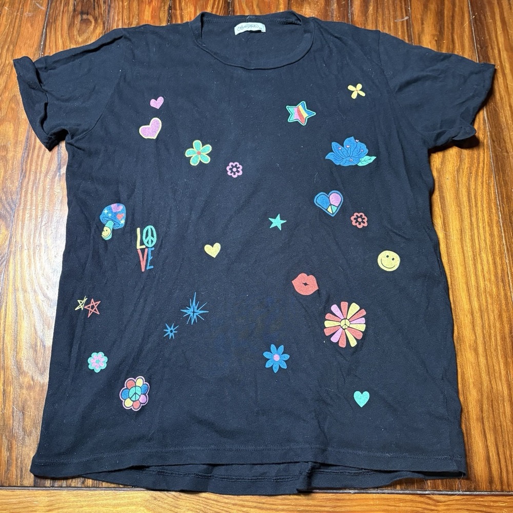 Lauren Moshi Black Floral Hummingbird Sticker Lips Hearts T-Shirt XS A1335
